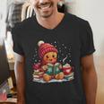Cozy Gingerbread Christmas Reading Book Xmas Snowflakes Fall Men's V-Neck T-Shirt