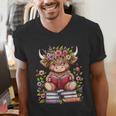 Cute Baby Highland Cow With Reading Book Bookworm Men's V-Neck T-Shirt Cute Baby Highland Cow With Reading Book Bookworm Men's V-Neck T-Shirt