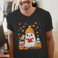 Cute Beanie Ghost Bookworm Cozy Book Reading Halloween Men's V-Neck T-Shirt Cute Beanie Ghost Bookworm Cozy Book Reading Halloween Men's V-Neck T-Shirt