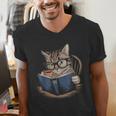 Cute Cat Reading Books With Tea Men's V-Neck T-Shirt