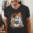 Cute Cozy Ghost Reading With Cat Book Lover Autumn Fall Men's V-Neck T-Shirt Cute Cozy Ghost Reading With Cat Book Lover Autumn Fall Men's V-Neck T-Shirt