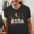 Cute Ghost Drinking Coffee Halloween Fall Ghost Book Reading Men's V-Neck T-Shirt
