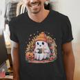 Cute Ghost Drinking Coffee Halloween Reading Book Retro Men's V-Neck T-Shirt Cute Ghost Drinking Coffee Halloween Reading Book Retro Men's V-Neck T-Shirt