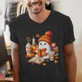Cute Ghost Reading Book Lovers Halloween Pumpkin Women Girls Men's V-Neck T-Shirt Cute Ghost Reading Book Lovers Halloween Pumpkin Women Girls Men's V-Neck T-Shirt