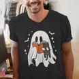 Cute Ghost Reading Book Spooky Season Halloween Costume Kids Men's V-Neck T-Shirt Cute Ghost Reading Book Spooky Season Halloween Costume Kids Men's V-Neck T-Shirt