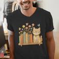 Cute Kawaii Cat Books Flowers Men's V-Neck T-Shirt