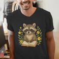 Cute Raccoon Reading Book Flowers Floral Men's V-Neck T-Shirt