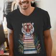 Cute Tiger With Book Floral Bookworm Librarian Book Lover Men's V-Neck T-Shirt