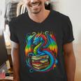 Dragon Reading Colorful Fantasy Book Lover Men's V-Neck T-Shirt Dragon Reading Colorful Fantasy Book Lover Men's V-Neck T-Shirt