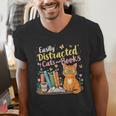 Easily Distracted By Cats And Books Book & Cat Lover Men's V-Neck T-Shirt