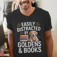 Easily Distracted By Goldens & Books Golden Retriever Dog Men's V-Neck T-Shirt