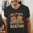 Fall In Love With Reading Autumn Pumpkin Teacher Book Lover Men's V-Neck T-Shirt