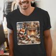 Fox Reads By Fireplace In Cabin Rustic Book Cozy Cup Tea Men's V-Neck T-Shirt