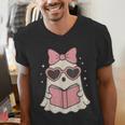 Ghost Reading Book Halloween Cat Lover Men's V-Neck T-Shirt Ghost Reading Book Halloween Cat Lover Men's V-Neck T-Shirt