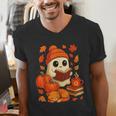 Ghost Reading Book Lovers Autumn Fall Halloween Men's V-Neck T-Shirt Ghost Reading Book Lovers Autumn Fall Halloween Men's V-Neck T-Shirt