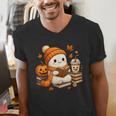 Halloween Ghost Reading Book Lovers Coffee Girl Women Men's V-Neck T-Shirt Halloween Ghost Reading Book Lovers Coffee Girl Women Men's V-Neck T-Shirt