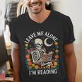 Leave Me Alone Skeleton Reading Book Floral Moon Librarian Men's V-Neck T-Shirt Leave Me Alone Skeleton Reading Book Floral Moon Librarian Men's V-Neck T-Shirt