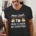 Most Likely To Read A Book On Christmas Snowman Family Men's V-Neck T-Shirt