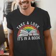 Take a Look It's In a Book Reading Vintage Retro Rainbow Men's V-Neck T-Shirt
