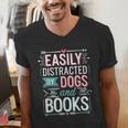Pet Lover Easily Distracted By Dogs And Books Joke Men Men's V-Neck T-Shirt
