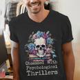 Psychological Thriller Reader Fan Skull Flowers Books Men's V-Neck T-Shirt