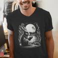 Rabbit Reading Book Full Moon Lake Scenery Men's V-Neck T-Shirt Rabbit Reading Book Full Moon Lake Scenery Men's V-Neck T-Shirt