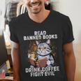 Read Banned Books Drink Coffee Fight Evil Cat Men's V-Neck T-Shirt Read Banned Books Drink Coffee Fight Evil Cat Men's V-Neck T-Shirt