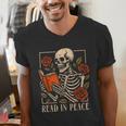 Read In Peace Skeleton Reading Book Halloween Teacher Men's V-Neck T-Shirt Read In Peace Skeleton Reading Book Halloween Teacher Men's V-Neck T-Shirt