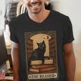 The Reader Cat Book Reading Halloween Tarot Card Men's V-Neck T-Shirt The Reader Cat Book Reading Halloween Tarot Card Men's V-Neck T-Shirt