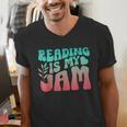 Reading Is My Jam Book Lover Bookworm Teacher Library Reader Men's V-Neck T-Shirt