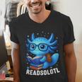 Readsolotl Blue Kawaii Axolotl Book Lover Reading Men's V-Neck T-Shirt
