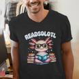 Readsolotl Pink Kawaii Axolotl Read Book Lover Reading Men's V-Neck T-Shirt