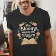 She Blooms Among The Pages Women Mom Wife Floral Book Quote Men's V-Neck T-Shirt