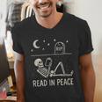 Skeleton Read In Peace Halloween Book Graphic Bookish Men's V-Neck T-Shirt