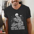 Skeleton Reading Book Anxious Stressed True Crime Obsessed Men's V-Neck T-Shirt Skeleton Reading Book Anxious Stressed True Crime Obsessed Men's V-Neck T-Shirt