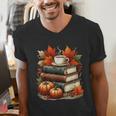 Vintage Autumn Books Coffee Pumpkin Fall Reading Men's V-Neck T-Shirt