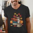 Vintage Books Tea Lovers Fall Autumn Leaves And Pumpkins Men's V-Neck T-Shirt