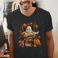 Vintage Ghost Book Reading Pumpkin Gothic Halloween Teachers Men's V-Neck T-Shirt Vintage Ghost Book Reading Pumpkin Gothic Halloween Teachers Men's V-Neck T-Shirt