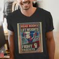 Vintage Style Read Books Lift Weights Fight Fascists Retro Men's V-Neck T-Shirt
