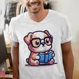 Adorable Book Lover Bulldog With Reading Glasses Cute Raglan Baseball Tee Men's V-Neck T-Shirt