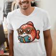 Adorable Book Lover Salmon With Reading Glasses Cute Men's V-Neck T-Shirt