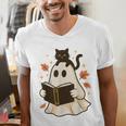 Books Ghost Reading Book Halloween Library Cat Fall Men's V-Neck T-Shirt