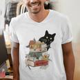 Cat And Books Flowers Reading Club Cat Lover Bookworm Men's V-Neck T-Shirt