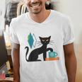 Cat Midcentury With Book And Coffee Atomic Age Mid Century Men's V-Neck T-Shirt