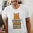 Cute Orange Tabby Cat Reading On Pile Of Books Men's V-Neck T-Shirt