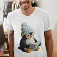 Cute Penguin Reading Book Faux-Crochet Print Men's V-Neck T-Shirt Cute Penguin Reading Book Faux-Crochet Print Men's V-Neck T-Shirt