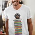 Cute Wiener Dog Dachshund Reading On Pile Of Books Men's V-Neck T-Shirt
