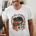 Fall Book Teacher Cat Books Halloween Autumn Librarian Men's V-Neck T-Shirt