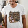 Ghost Reading Book Cat Lover Halloween Reading Enthusiast Men's V-Neck T-Shirt Ghost Reading Book Cat Lover Halloween Reading Enthusiast Men's V-Neck T-Shirt
