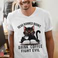 Read Banned Books Drink Coffee Fight Evil Retro Cat Men's V-Neck T-Shirt Read Banned Books Drink Coffee Fight Evil Retro Cat Men's V-Neck T-Shirt